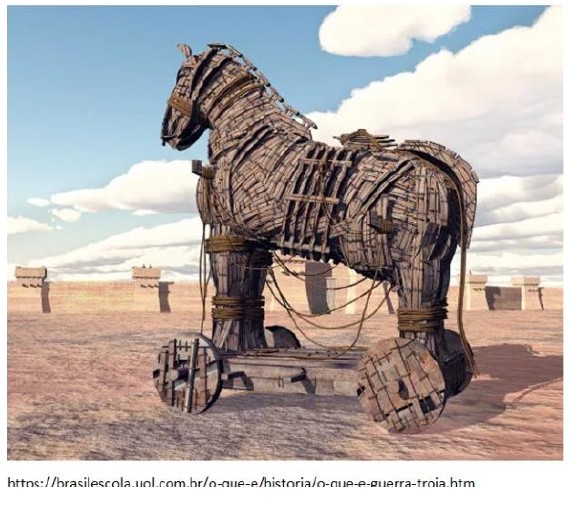 Ilustração de um grande cavalo de madeira sobre rodas, em uma planície diante de muralhas; abaixo, o endereço https://brasilescola.uol.com.br/o-que-e/historia/o-que-e-guerra-troia.htm (parcialmente cortado na origem).