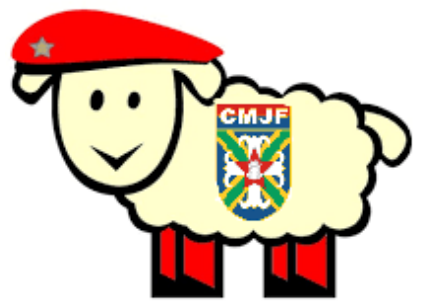 Desenho do carneiro mascote, com boina vermelha e o brasão do CMJF no corpo.