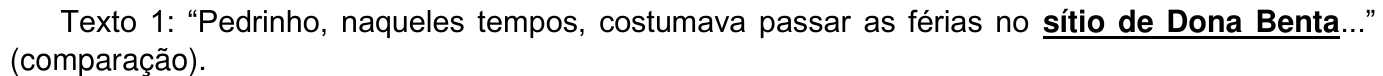 Texto 1: “Pedrinho, naqueles tempos, costumava passar as férias no sítio de Dona Benta...” (comparação). (Termo destacado: “sítio de Dona Benta”.)