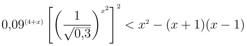 0,09 elevado a (4+x) vezes o colchete [(1/√0,3) elevado a x²] elevado ao quadrado, menor que x² − (x + 1)(x − 1).