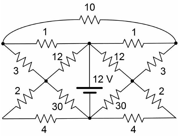 Circuito em ponte com fonte de 12 V no ramo central e resistores de 10, 1, 1, 12, 12, 3, 3, 2, 2, 30, 30, 4 e 4 ohms.