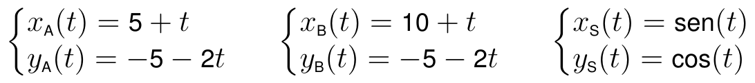 Sistemas: x_A(t) = 5 + t, y_A(t) = −5 − 2t; x_B(t) = 10 + t, y_B(t) = −5 − 2t; x_S(t) = sen(t), y_S(t) = cos(t).