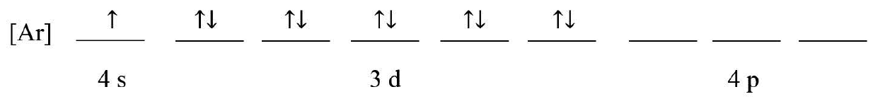 Diagrama de orbitais: [Ar], 4s com um elétron, cinco orbitais 3d completos com dois elétrons cada, três orbitais 4p vazios.