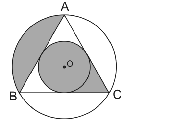 Circunferência de centro O com triângulo ABC inscrito e uma circunferência menor inscrita no triângulo; regiões sombreadas: o círculo menor, a região entre o lado AB e o arco AB e a região do triângulo entre o círculo menor e o vértice C.