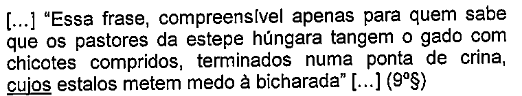 Fragmento: [...] “Essa frase, compreensível apenas para quem sabe que os pastores da estepe húngara tangem o gado com chicotes compridos, terminados numa ponta de crina, cujos estalos metem medo à bicharada” [...] (9º§), com a palavra “cujos” sublinhada.