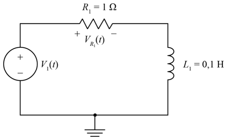Circuito RL série: fonte V1(t) ligada ao resistor R1 = 1 Ω, sobre o qual está indicada a tensão VR1(t) (+ à esquerda, − à direita), em série com o indutor L1 = 0,1 H até o terra.