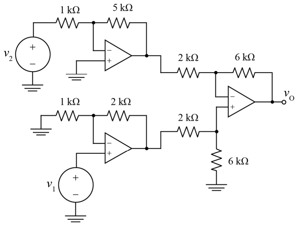 Circuito com três amplificadores operacionais. Superior: v2 entra por resistor de 1 kΩ na entrada inversora, com realimentação de 5 kΩ e entrada não inversora no terra. Inferior: v1 na entrada não inversora; resistor de 1 kΩ da entrada inversora ao terra e realimentação de 2 kΩ. Terceiro amplificador: saída do superior por 2 kΩ na entrada inversora, com realimentação de 6 kΩ; saída do inferior por 2 kΩ na entrada não inversora, com 6 kΩ dessa entrada ao terra; saída vO.