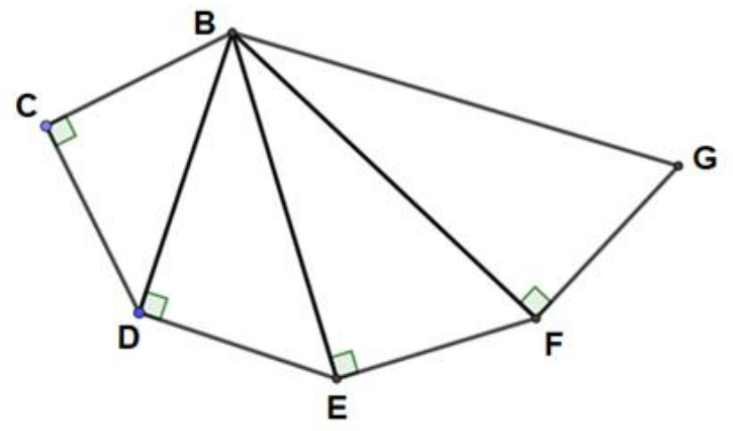 Figura com os pontos B, C, D, E, F e G: segmentos BC, CD, DE, EF e FG formando uma poligonal, com B ligado a D, E, F e G; ângulos retos marcados em C, D, E e F.