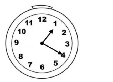 Relógio de ponteiros com o ponteiro das horas entre o 4 e o 5, próximo do 4, e o ponteiro dos minutos apontando para o 1.