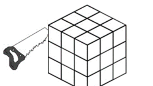 Cubo grande dividido em 3 × 3 × 3 cubos menores, com um serrote ao lado.