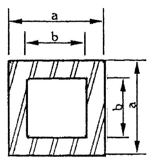 Seção transversal quadrada de duto: lado externo a e lado interno b, com a parede hachurada entre os dois quadrados.