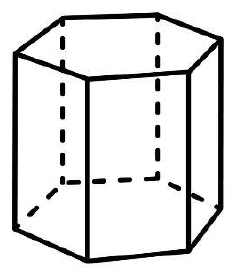 Desenho em perspectiva de um prisma hexagonal em pé (caixa), com as arestas ocultas tracejadas: duas bases hexagonais, uma em cima e outra embaixo, ligadas por seis arestas verticais.