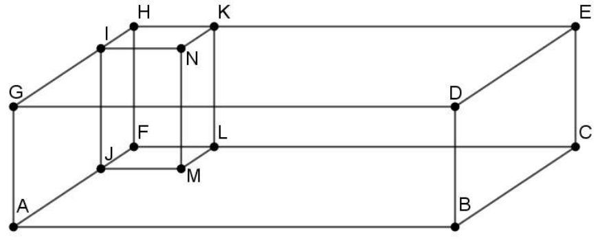 Paralelepípedo em perspectiva com vértices A, B, C, D, E, G (face frontal A-B-D-G e fundo C-E) representando a piscina; em um dos cantos do fundo, à esquerda, um paralelepípedo menor com vértices J, M, L, F, I, N, K, H representa o bar molhado, com a mesma altura da piscina.