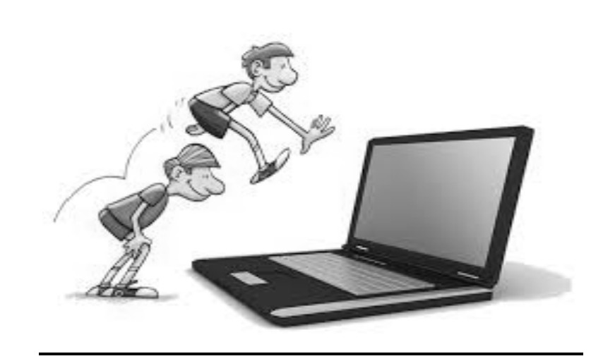 Ilustração em preto e branco: dois meninos brincando de pular carniça (sela) em direção a um notebook aberto; abaixo, uma linha horizontal. Não há texto verbal na imagem.