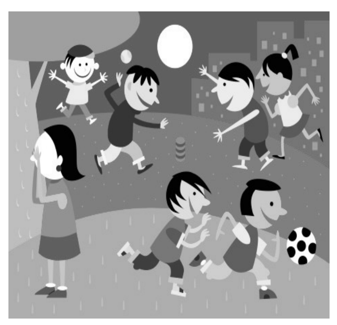 Ilustração: crianças brincando ao ar livre com bolas, observadas por uma mulher, com prédios ao fundo.