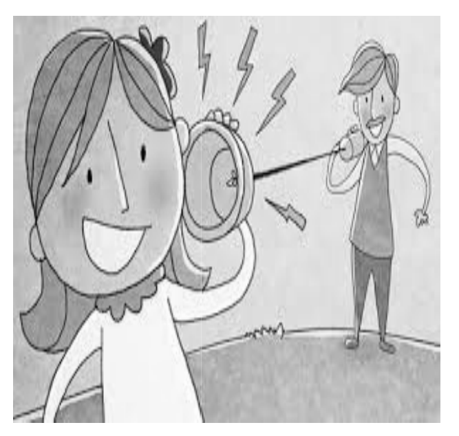 Ilustração: menina sorridente segura um telefone de lata ligado por barbante a um homem, que fala do outro lado.