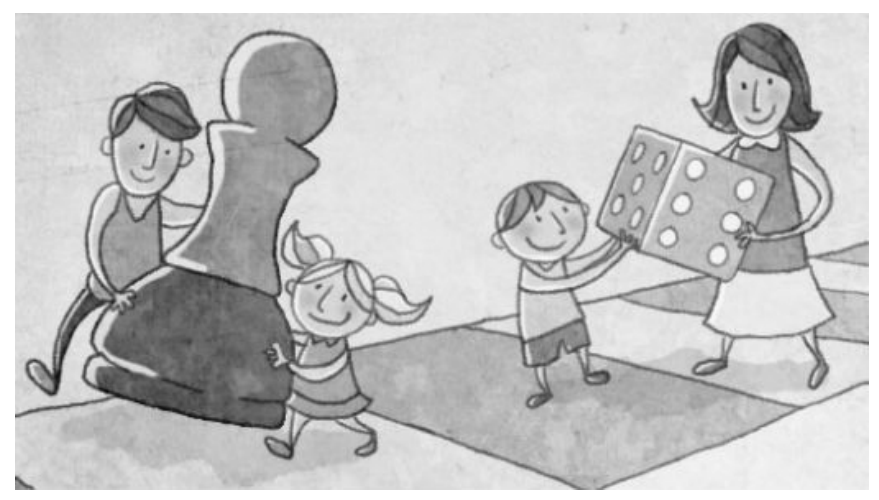 Ilustração: adultos e crianças brincando em um tabuleiro gigante no chão, com uma peça de jogo e um dado grandes.