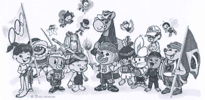 Ilustração colorida reproduzida em tons de cinza: grupo de mascotes olímpicos de várias edições dos Jogos, um deles segurando a bandeira olímpica e outro a bandeira do Brasil.