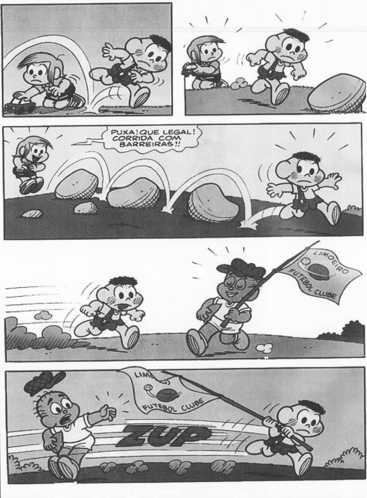 Página 2 da história em quadrinhos. Quadrinho 6: Cascão salta por cima de Cebolinha, que brinca com carrinhos. Quadrinho 7: Cascão segue correndo em direção a uma pedra. Quadrinho 8: Cascão salta sobre várias pedras; Cebolinha diz: “PUXA! QUE LEGAL! CORRIDA COM BARREIRAS!!”. Quadrinho 9: Cascão corre em direção a Jeremias, que caminha segurando uma bandeira do Limoeiro Futebol Clube. Quadrinho 10: Cascão passa correndo (“ZUP”) e leva a bandeira de Jeremias, que fica espantado.