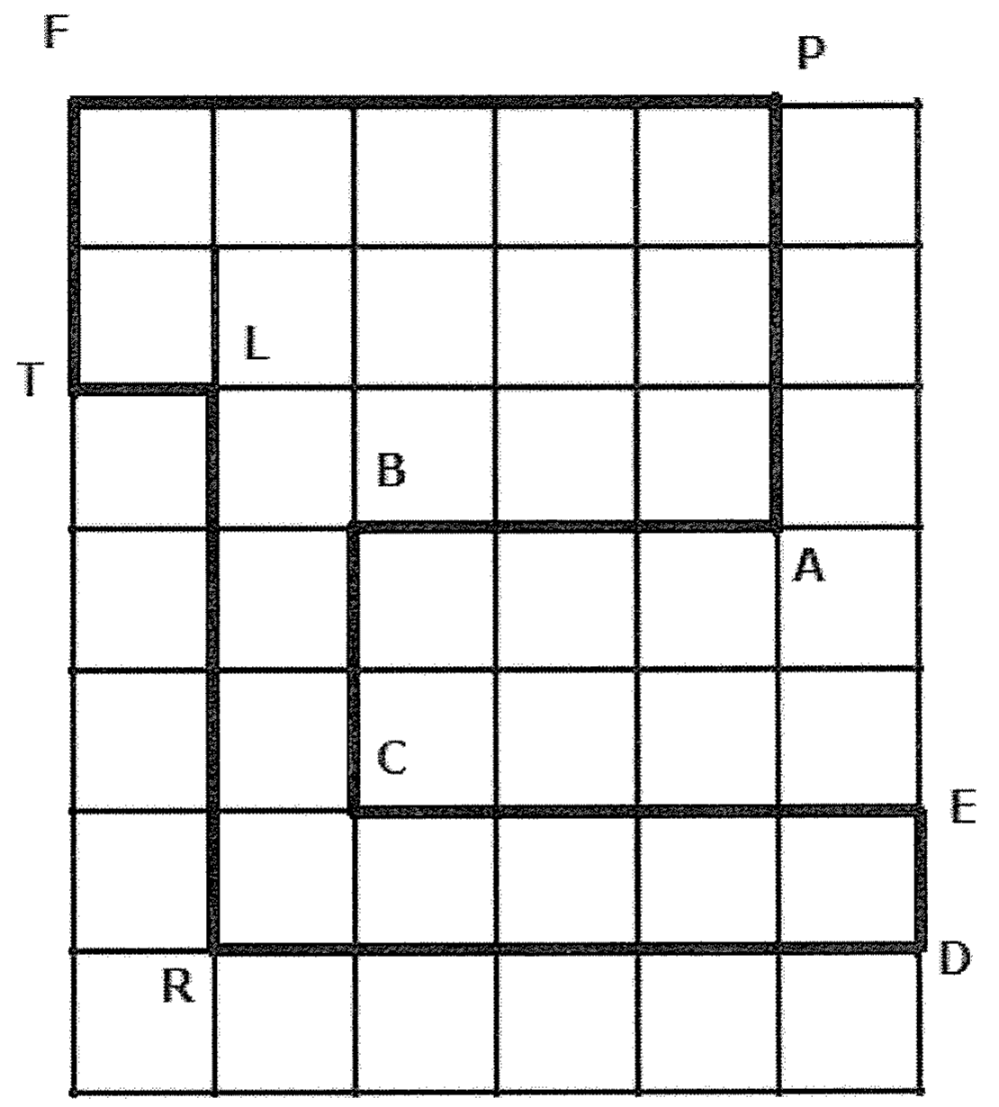 Malha quadriculada de 6 colunas por 7 linhas de quarteirões, com um percurso fechado destacado em traço grosso passando pelos pontos F, P, A, B, C, E, D, R, L e T.