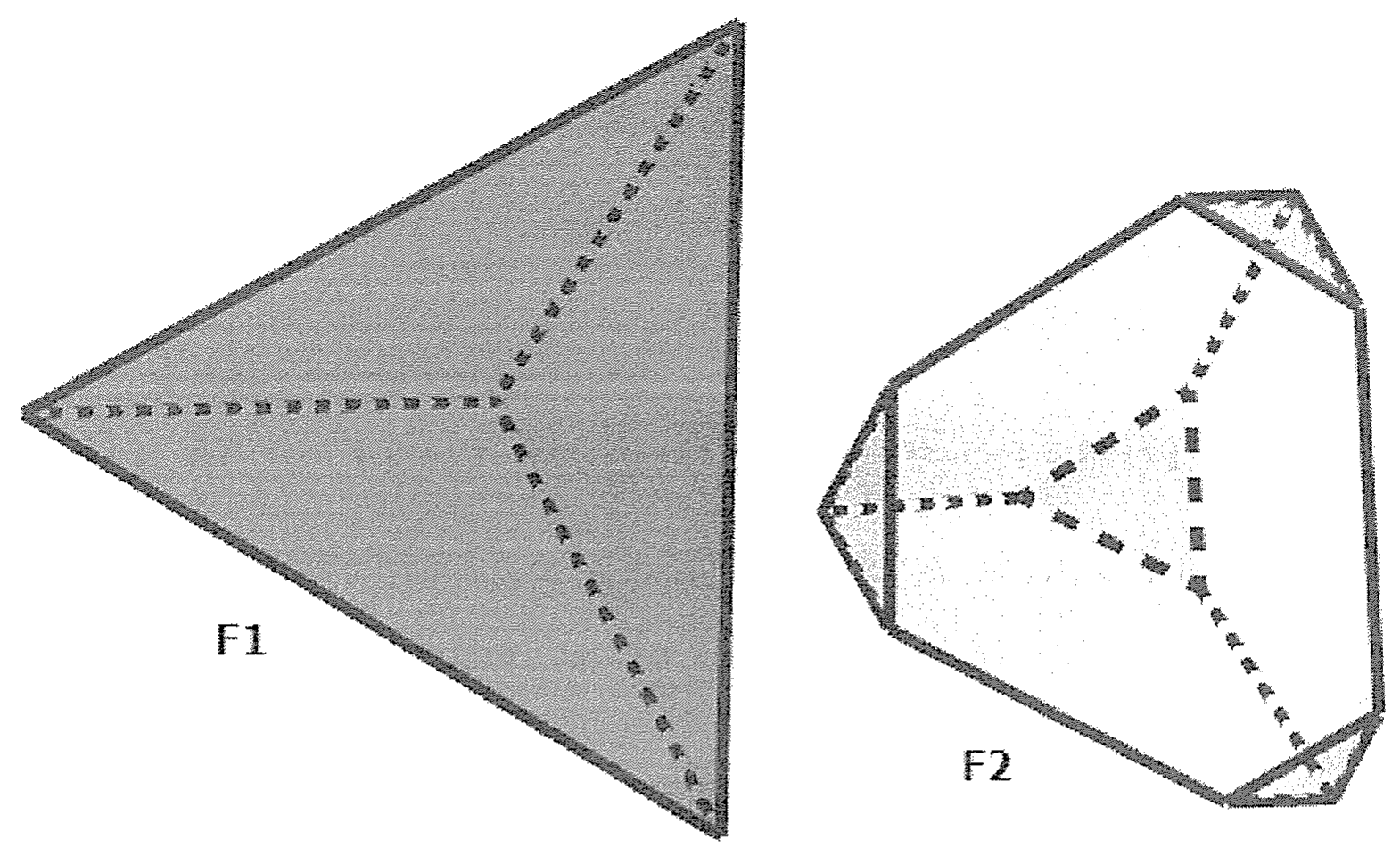 Figura F1: tetraedro com arestas ocultas tracejadas. Figura F2: o sólido obtido após cortar pequenas pirâmides triangulares em cada um dos quatro vértices do tetraedro.