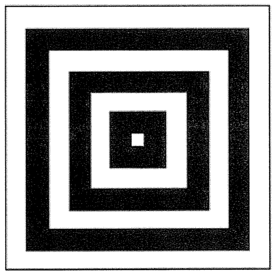 Mosaico de 7 quadrados concêntricos sobrepostos, alternando branco e preto, do maior (branco) ao menor (branco).