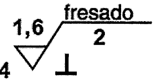 Símbolo de rugosidade com o valor 1,6 acima do traço, a indicação fresado sobre a linha horizontal, o número 2 abaixo dessa linha, o número 4 à esquerda e o símbolo ⊥ à direita do vértice.