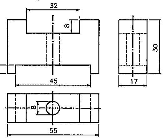 Desenho em três vistas ortográficas: vista frontal com rasgo superior de 32 de largura e 8 de profundidade, rasgo inferior com cota 5 e base de 45; vista lateral com altura 30 e largura 17; vista superior com comprimento total 55 e furo de diâmetro 8.