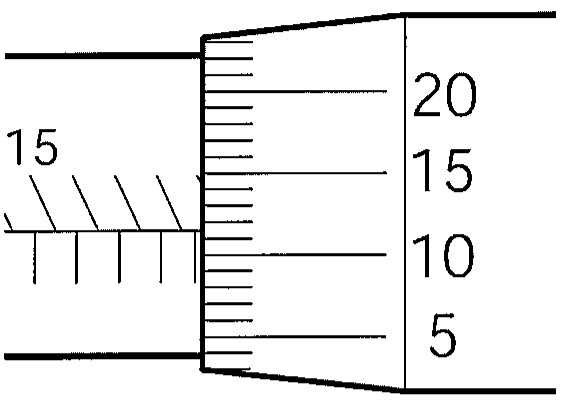 Detalhe da escala de um micrômetro: bainha com a marcação 15 e traços da escala principal; tambor com as marcações 5, 10, 15 e 20.
