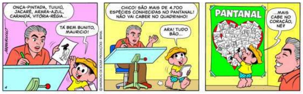 Tirinha em três quadrinhos de Mauricio de Sousa. 1º: Mauricio desenha e diz “Onça-pintada, tuiuiú, jacaré, arara-azul, carandá, vitória-régia...”; Chico Bento mostra um desenho e diz “Tá bem bunito, Maurício!”. 2º: Mauricio diz “Chico! São mais de 4.700 espécies conhecidas no Pantanal! Não vai caber no quadrinho!”; Chico responde “Ara! Tudo bão...”. 3º: Chico cola desenhos num painel em forma de coração com o título “Pantanal”, e Mauricio, sorrindo, diz “...Mais cabe no coração, né?”.