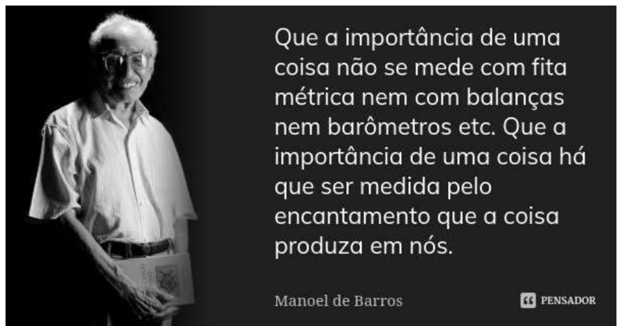 Foto de Manoel de Barros ao lado da frase: “Que a importância de uma coisa não se mede com fita métrica nem com balanças nem barômetros etc. Que a importância de uma coisa há que ser medida pelo encantamento que a coisa produza em nós.” Manoel de Barros (Pensador).