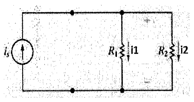 Circuito com uma fonte de corrente is alimentando dois resistores em paralelo, R1 percorrido pela corrente i1 e R2 percorrido pela corrente i2.