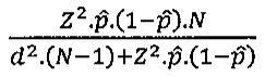 Fórmula: Z² vezes p̂ vezes (1 − p̂) vezes N, dividido por d² vezes (N − 1) mais Z² vezes p̂ vezes (1 − p̂).