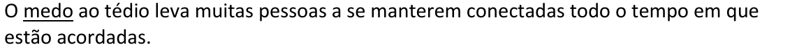 Alternativa D: O medo ao tédio leva muitas pessoas a se manterem conectadas todo o tempo em que estão acordadas. Trecho sublinhado: “medo”.