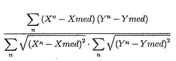 Equação: somatório em n de (Xⁿ − Xmed)(Yⁿ − Ymed), dividido pelo produto do somatório em n da raiz de (Xⁿ − Xmed)² pelo somatório em n da raiz de (Yⁿ − Ymed)².