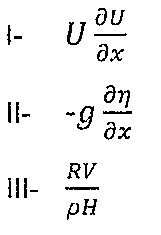 Termos das equações: I- U vezes a derivada parcial de U em relação a x; II- menos g vezes a derivada parcial de η em relação a x; III- RV dividido por ρH.