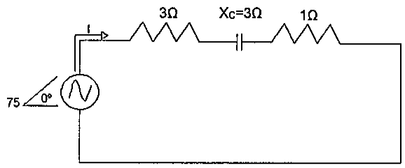 Circuito série com fonte senoidal de 75∠0°, resistor de 3 Ω, reatância capacitiva Xc = 3 Ω e resistor de 1 Ω; corrente I indicada saindo da fonte.