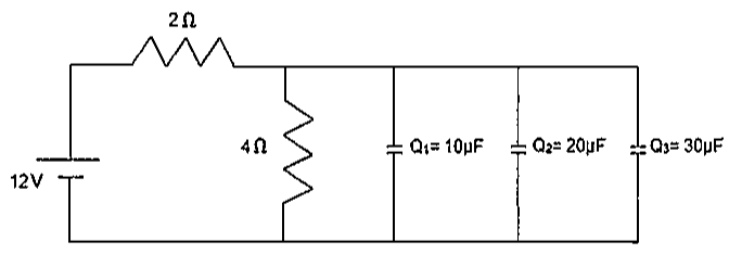 Fonte de 12 V em série com resistor de 2 Ω, alimentando um resistor de 4 Ω em paralelo com três capacitores rotulados Q1 = 10 μF, Q2 = 20 μF e Q3 = 30 μF.