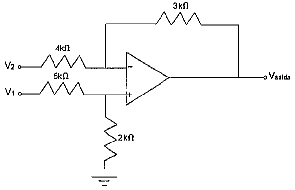 Amplificador operacional com V2 aplicada por resistor de 4 kΩ à entrada inversora e realimentação de 3 kΩ; V1 aplicada por resistor de 5 kΩ à entrada não inversora, que tem resistor de 2 kΩ para o terra; saída Vsaída.