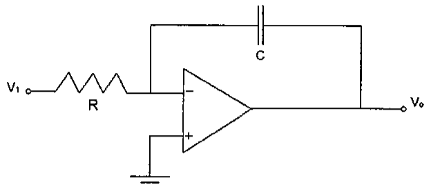 Amplificador operacional com entrada V1 através de resistor R na entrada inversora, capacitor C entre a entrada inversora e a saída Vo, e entrada não inversora aterrada.