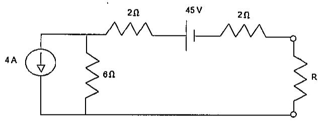 Fonte de corrente de 4 A em paralelo com resistor de 6 Ω, seguida de resistor de 2 Ω, fonte de 45 V e outro resistor de 2 Ω em série até os terminais do resistor de carga R.