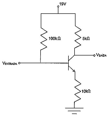 Transistor bipolar NPN com alimentação de 19 V; resistor de 100 kΩ entre 19 V e a base (ligada a Ventrada), resistor de 5 kΩ no coletor (saída Vsaída) e resistor de 10 kΩ do emissor ao terra.
