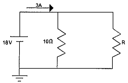 Fonte de 18 V fornecendo corrente de 3 A a um resistor de 10 Ω em paralelo com um resistor R.
