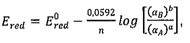 Equação de Nernst: E red igual a E zero red menos 0,0592 sobre n, vezes log de, entre colchetes, (alfa B) elevado a b dividido por (alfa A) elevado a a.