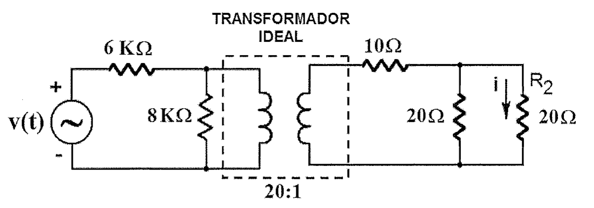 Circuito: fonte v(t) com resistor de 6 kΩ em série e resistor de 8 kΩ em paralelo com o primário de um transformador ideal 20:1; no secundário, resistor de 10 Ω em série e dois resistores de 20 Ω em paralelo, sendo R2 o da direita, percorrido pela corrente i.