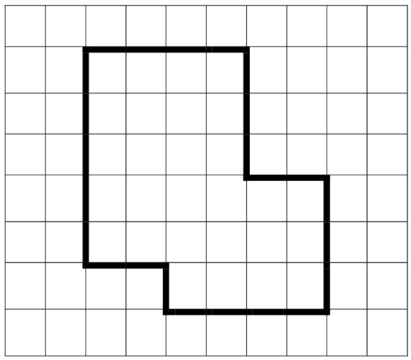 Malha quadriculada de 10 por 8 quadrados com um contorno poligonal em linha grossa, formado apenas por segmentos horizontais e verticais sobre as linhas da malha, representando a ciclovia.