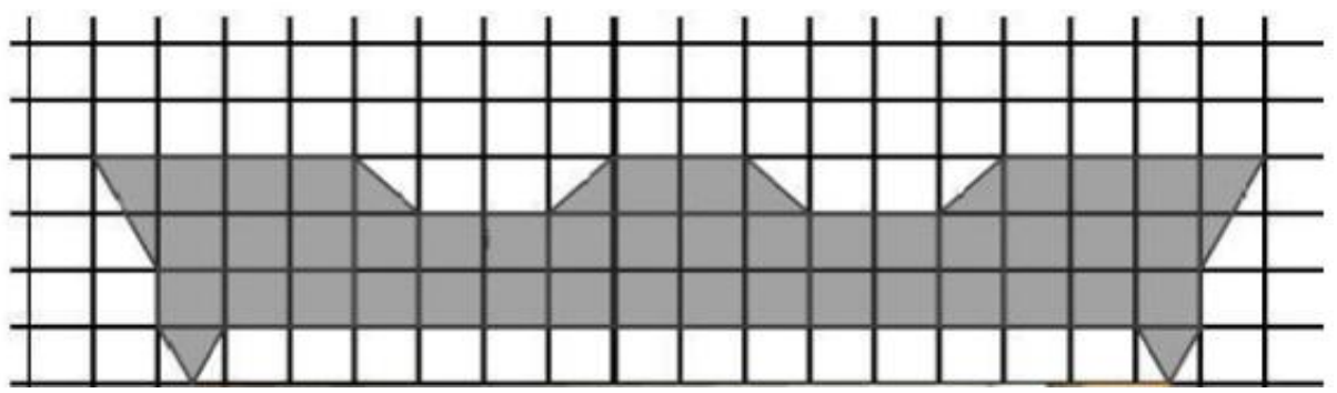 Malha quadriculada com uma figura cinza de contorno recortado (trechos inclinados e pontas triangulares), representando a parte da entrada que faltou pintar.