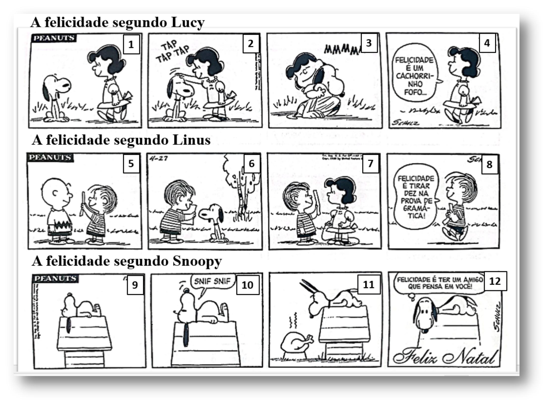 Tirinhas Peanuts em 12 quadrinhos numerados, em três faixas. "A felicidade segundo Lucy": (1) Lucy se aproxima de Snoopy; (2) Lucy faz carinho na cabeça de Snoopy, com a onomatopeia "TAP TAP TAP"; (3) Lucy abraça Snoopy, com a onomatopeia "MMMM"; (4) Lucy, sozinha, diz: "Felicidade é um cachorrinho fofo...". "A felicidade segundo Linus": (5) Linus mostra uma folha a Charlie Brown; (6) Linus mostra a folha a Snoopy; (7) Linus mostra a folha a Lucy; (8) Linus diz: "Felicidade é tirar dez na prova de gramática!". "A felicidade segundo Snoopy": (9) Snoopy deitado sobre sua casinha; (10) Snoopy, ainda deitado, com o balão "SNIF SNIF"; (11) Snoopy se levanta, com as orelhas erguidas, ao ver uma tigela com comida perto da casinha; (12) Snoopy pensa: "Felicidade é ter um amigo que pensa em você!", com a inscrição "Feliz Natal".