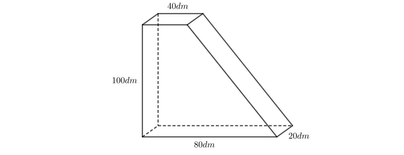 Figura de um sólido em forma de prisma com base trapezoidal, desenhado em perspectiva com arestas ocultas tracejadas: altura de 100 dm na face vertical esquerda, 40 dm na aresta do topo, 80 dm na aresta da base e 20 dm de profundidade; a face direita é inclinada, ligando a extremidade do topo à extremidade da base.