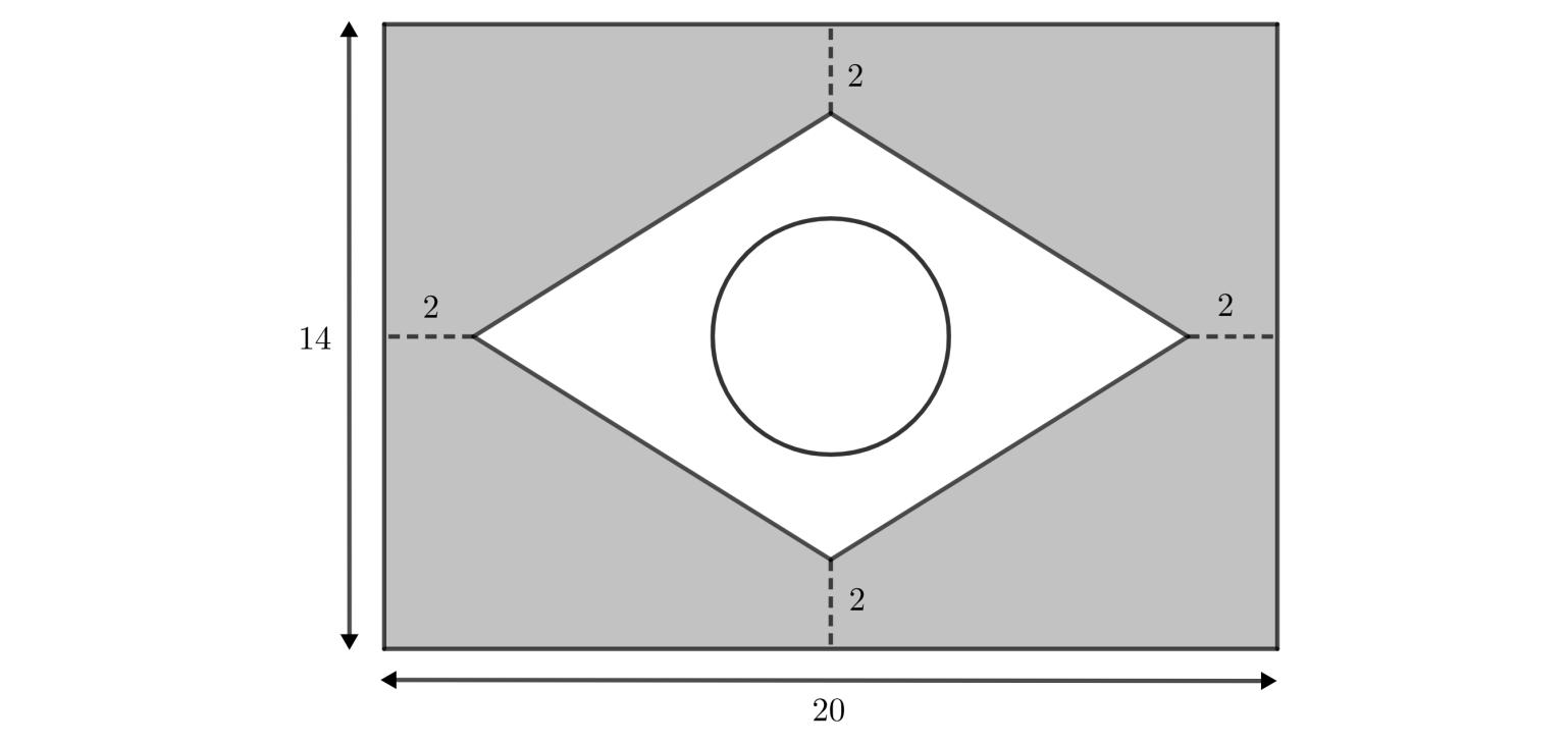 Retângulo cinza de 20 por 14 representando a bandeira do Brasil, com um losango branco interno contendo um círculo branco. Cada vértice do losango está a 2 unidades da borda correspondente do retângulo (indicado por segmentos tracejados com a medida 2 nos quatro lados).